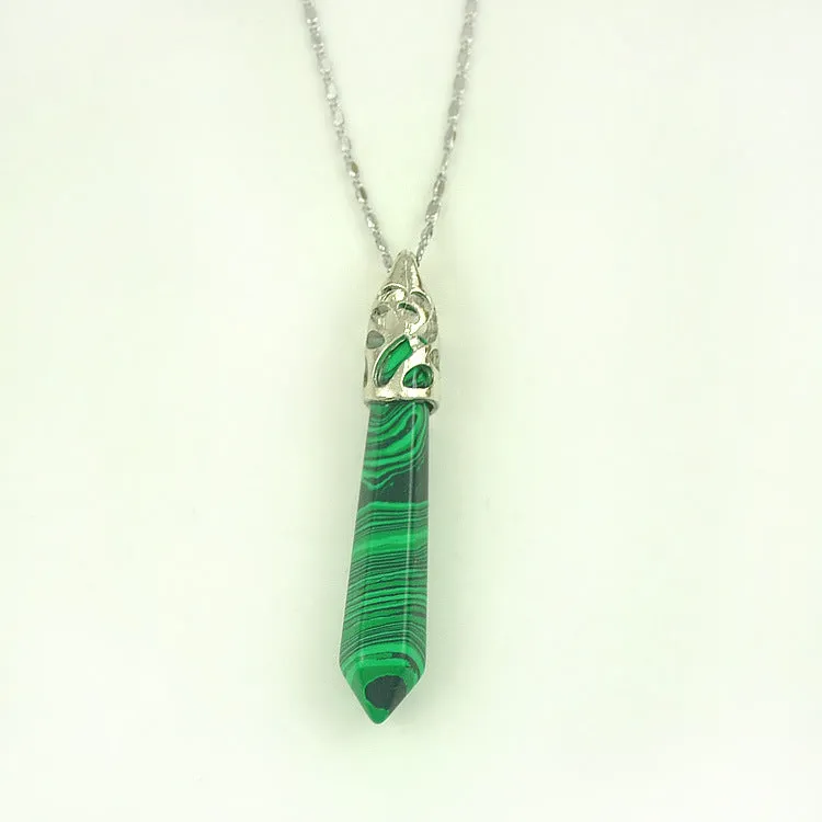 Ethnic Style Natural Stone Six Prism Column Pendant Necklace Mineral Stone Long Sweater Chain