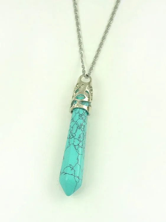 Ethnic Style Natural Stone Six Prism Column Pendant Necklace Mineral Stone Long Sweater Chain