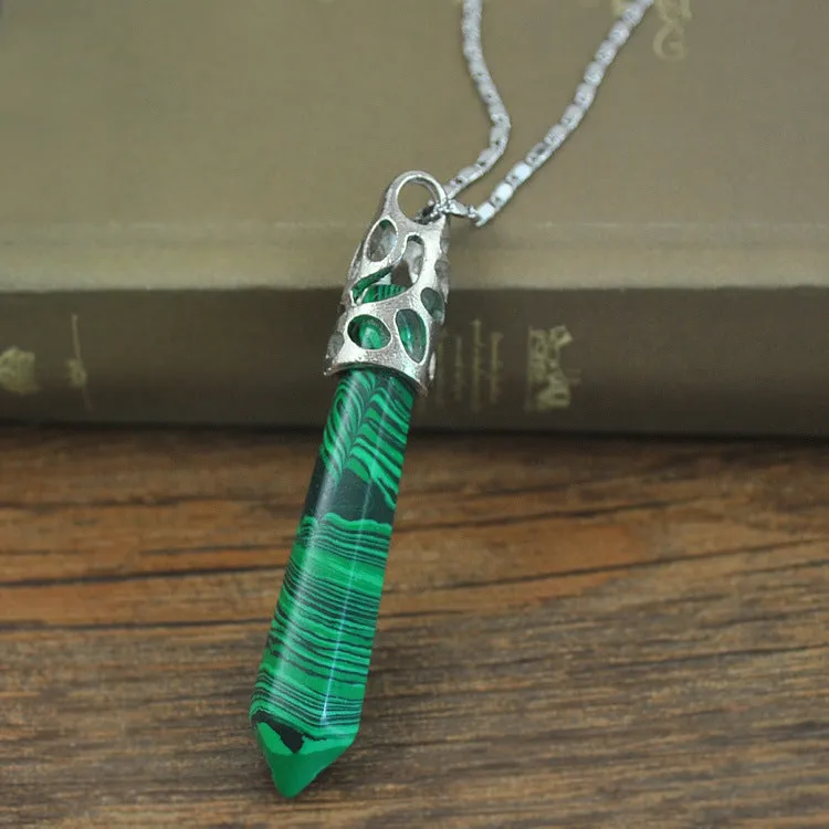 Ethnic Style Natural Stone Six Prism Column Pendant Necklace Mineral Stone Long Sweater Chain