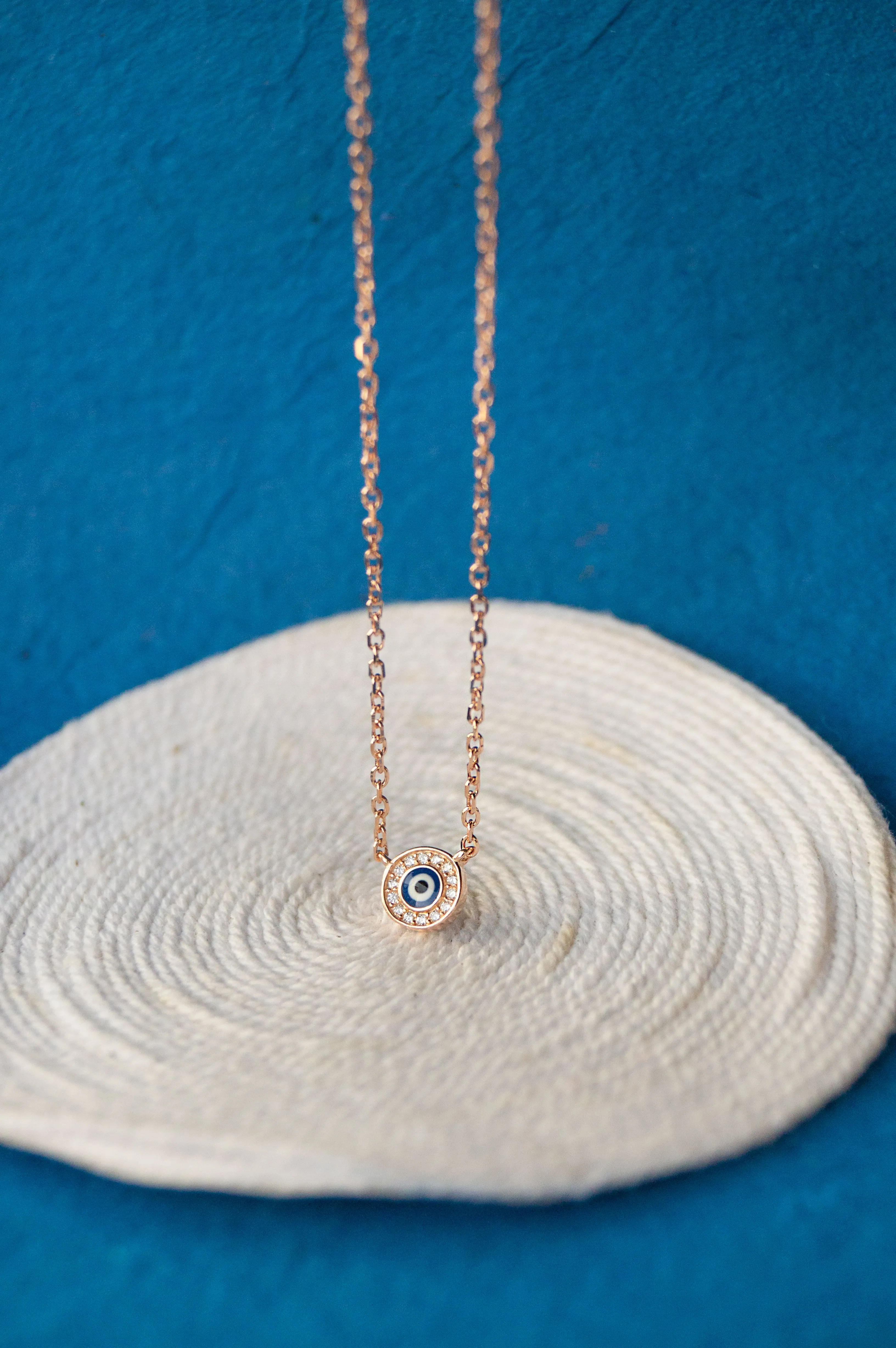 Evil Eye Round Hand-Painted Delicate Sterling Silver Chain Necklace