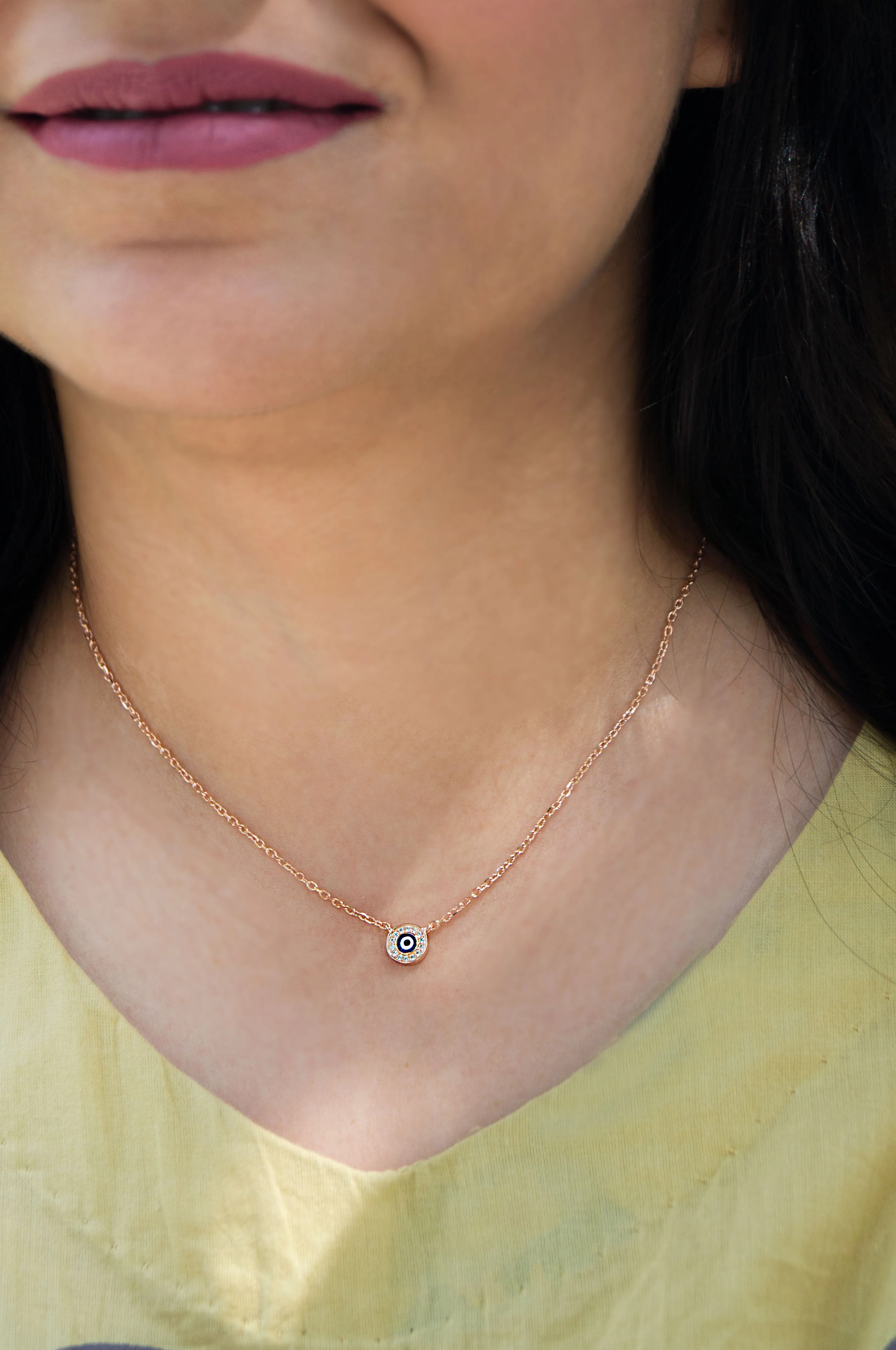 Evil Eye Round Hand-Painted Delicate Sterling Silver Chain Necklace