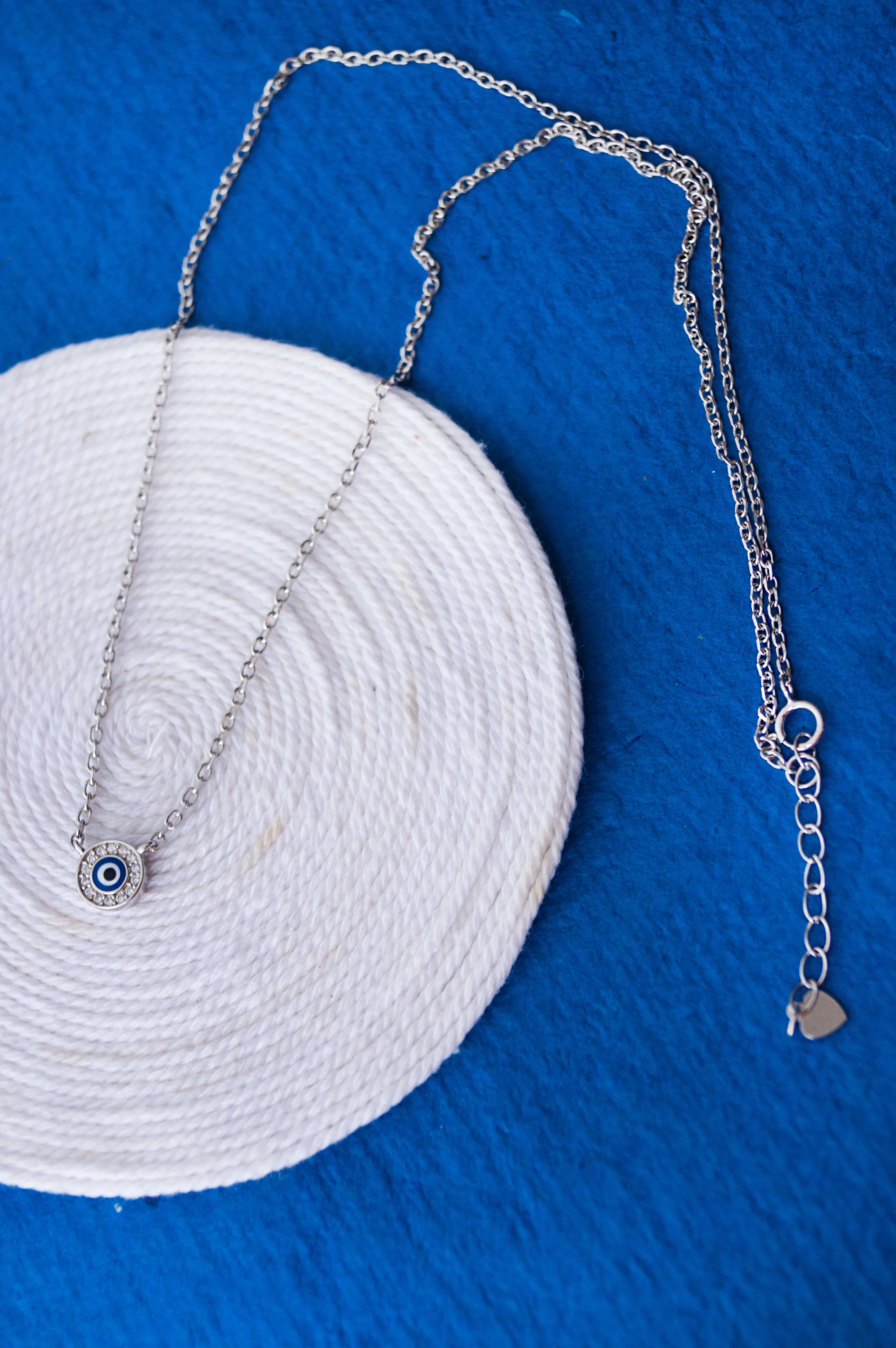 Evil Eye Round Hand-Painted Delicate Sterling Silver Chain Necklace