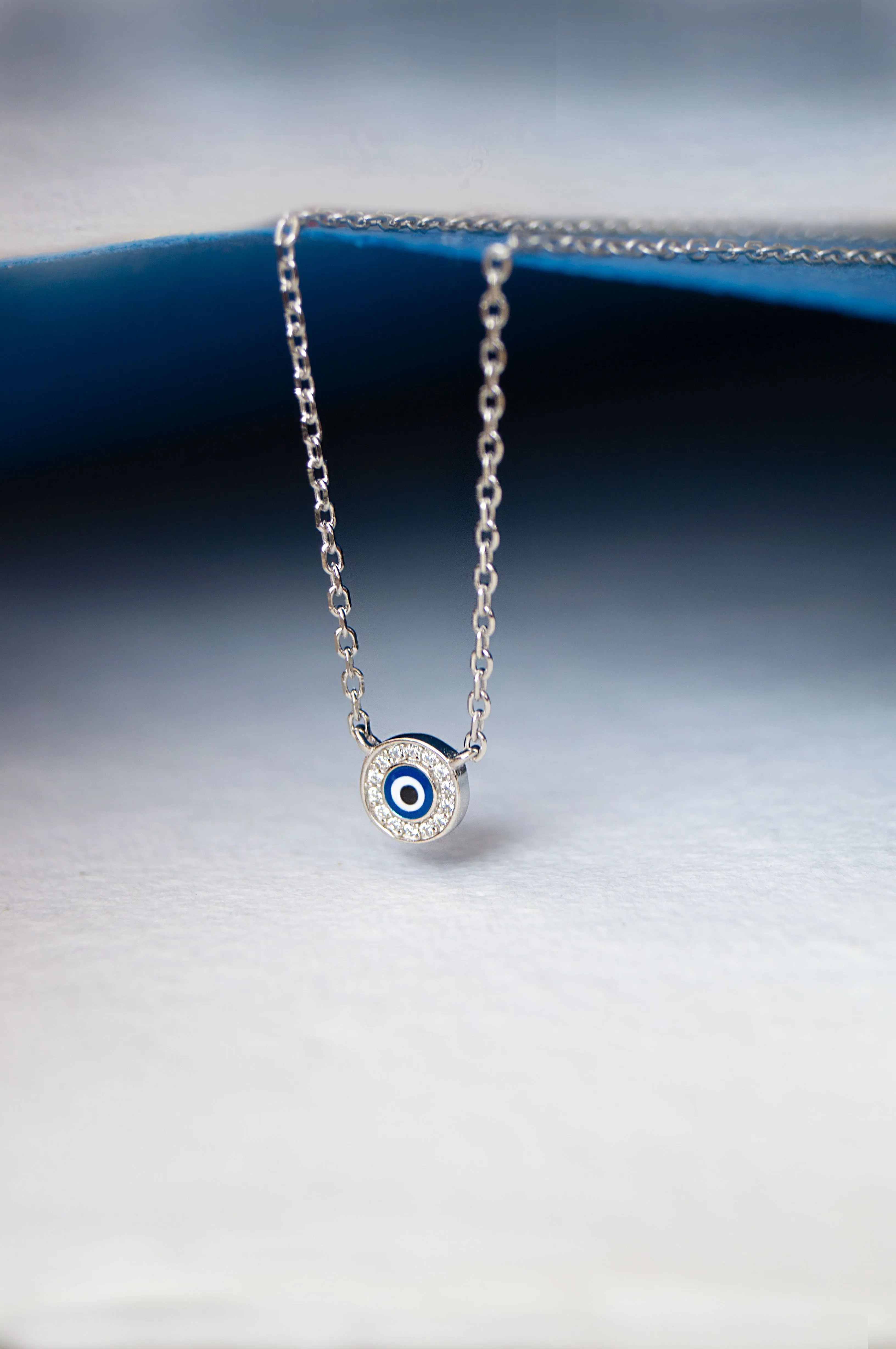 Evil Eye Round Hand-Painted Delicate Sterling Silver Chain Necklace