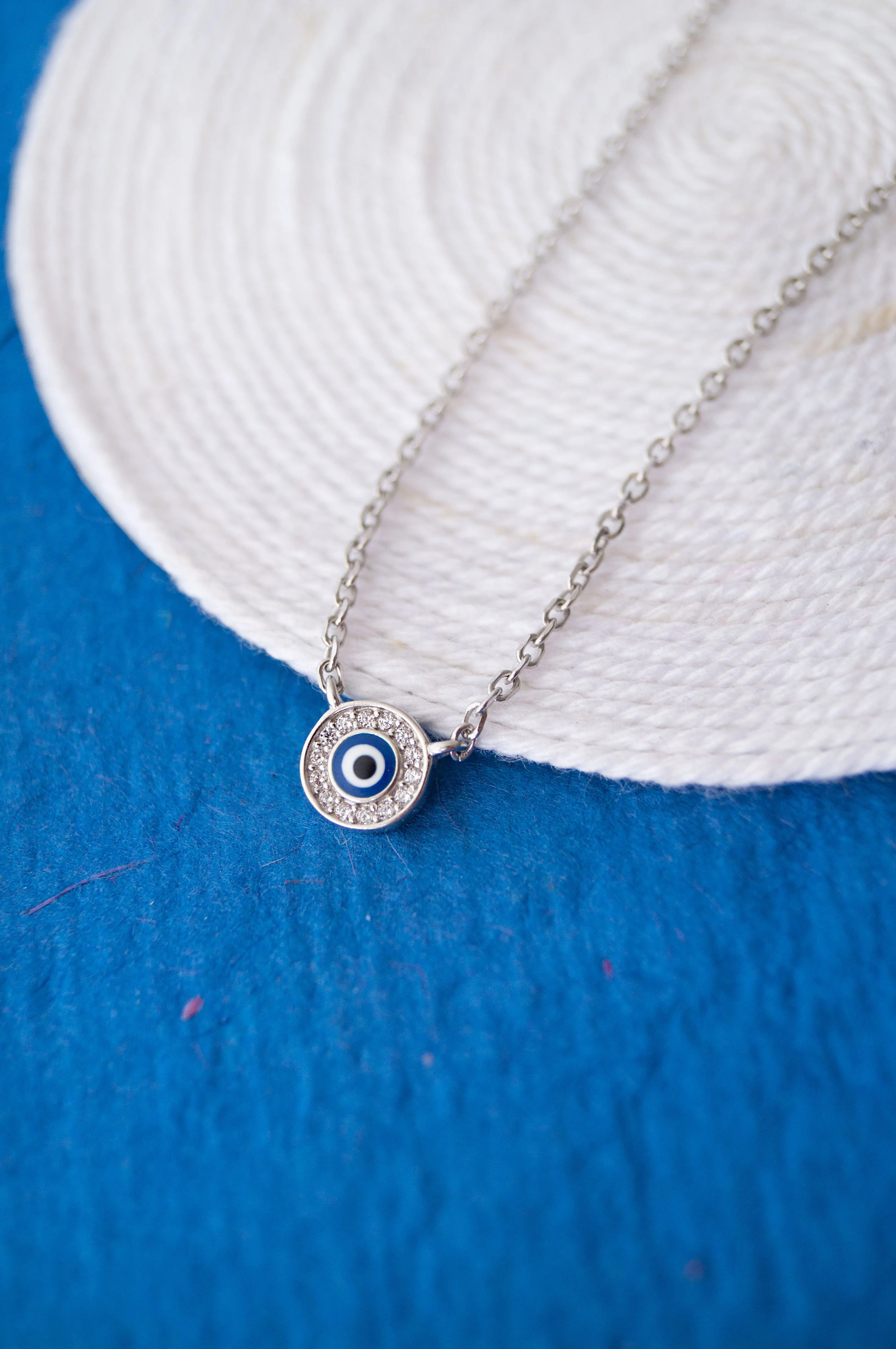 Evil Eye Round Hand-Painted Delicate Sterling Silver Chain Necklace