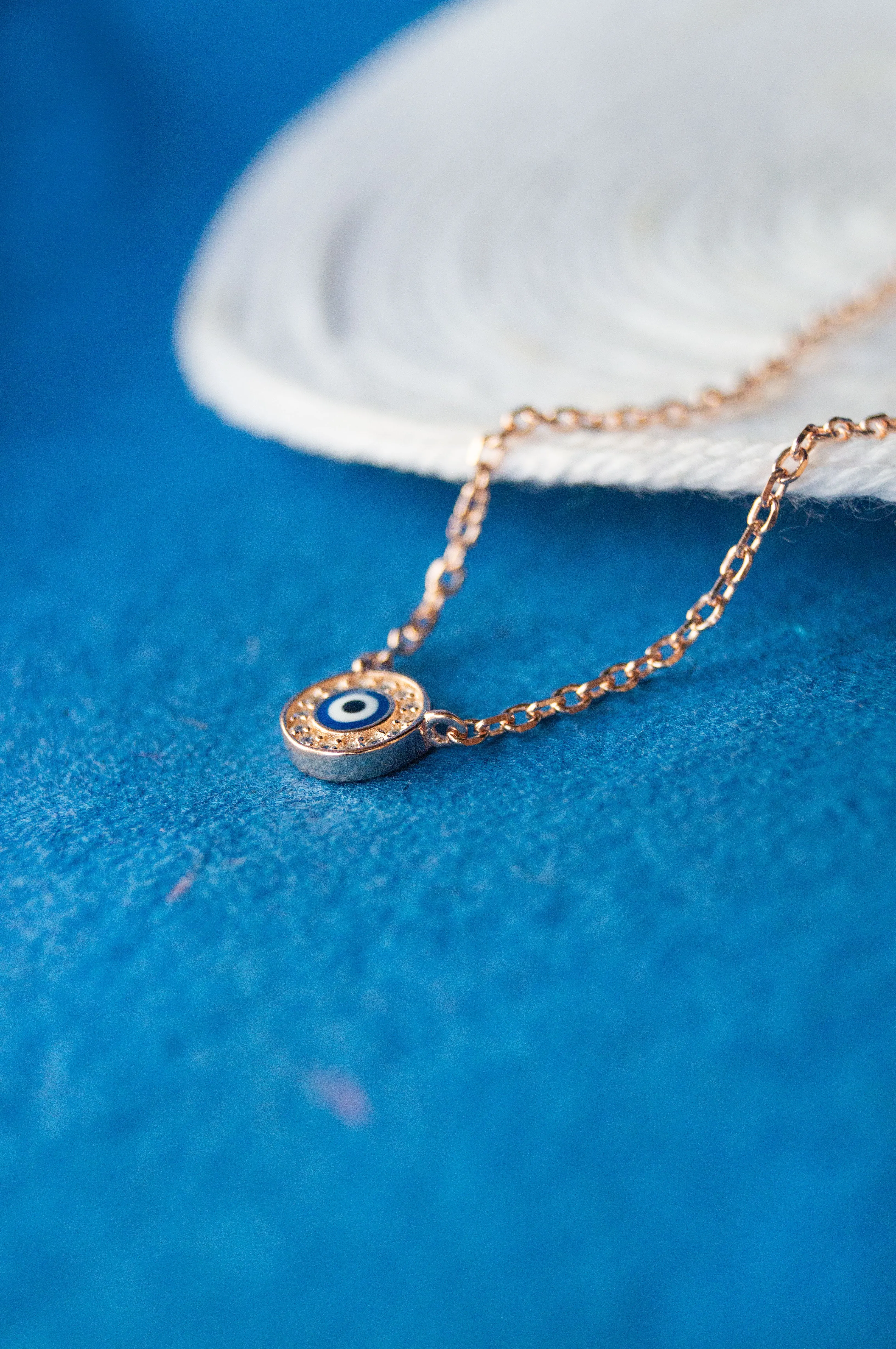Evil Eye Round Hand-Painted Delicate Sterling Silver Chain Necklace