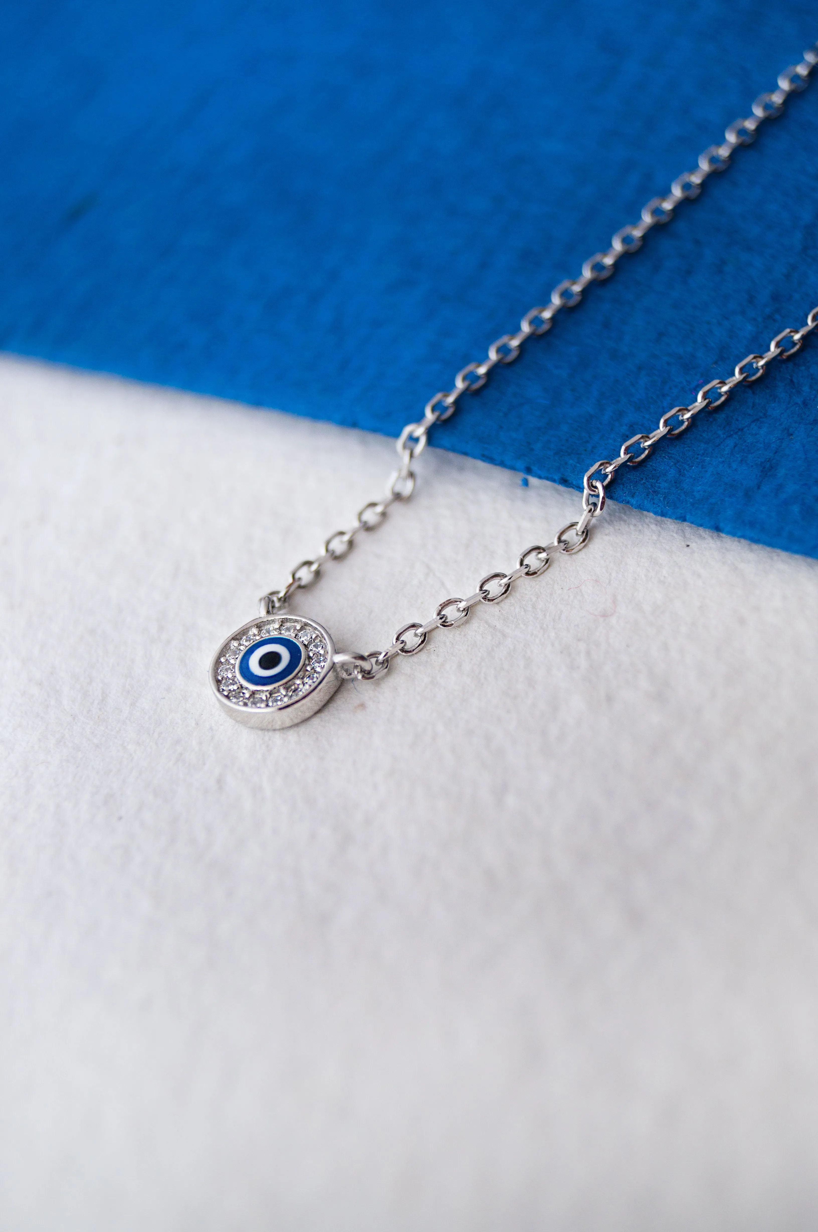Evil Eye Round Hand-Painted Delicate Sterling Silver Chain Necklace