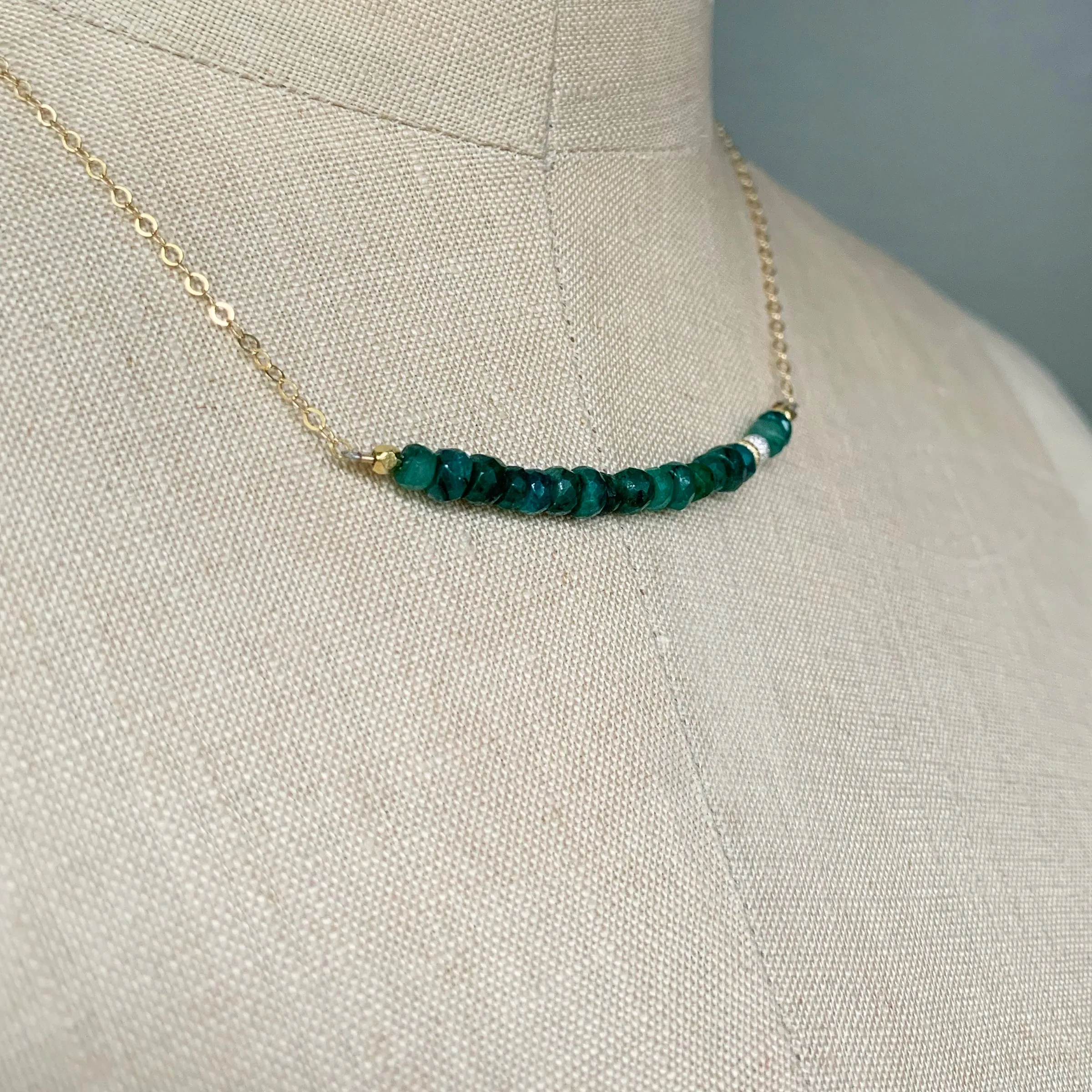 Faceted Emerald Bar Necklace on Gold chain