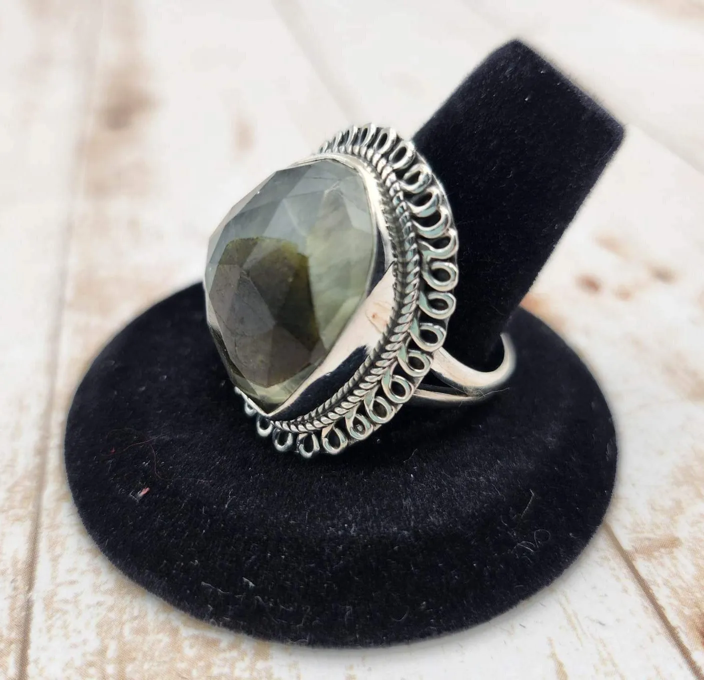 Faceted Prehnite Ring