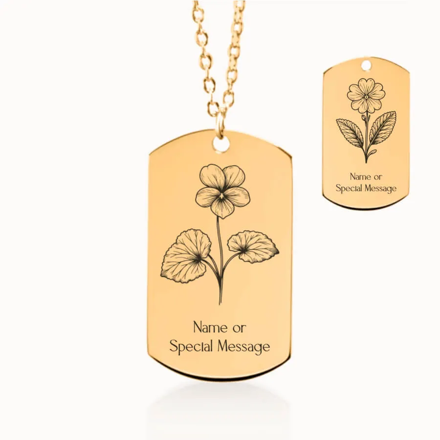 February Birth Flower Tag Pendant on Fine Chain