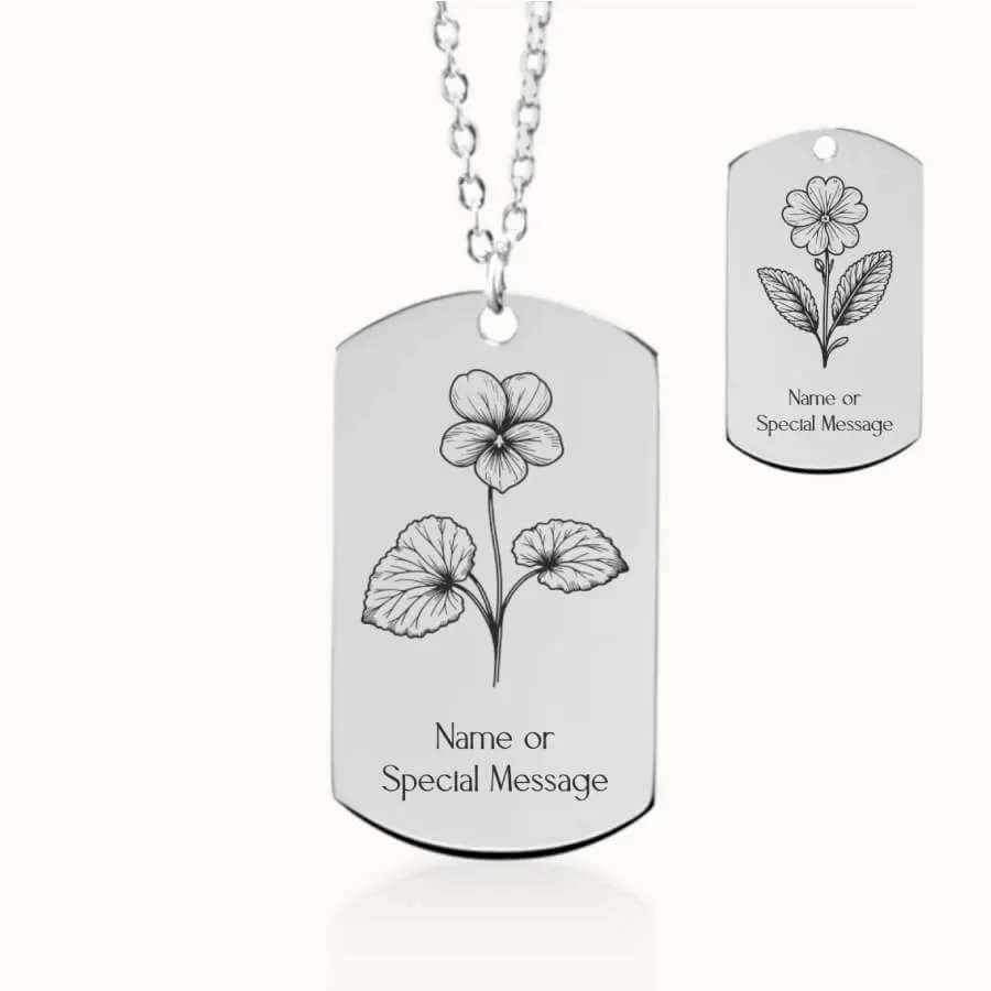 February Birth Flower Tag Pendant on Fine Chain