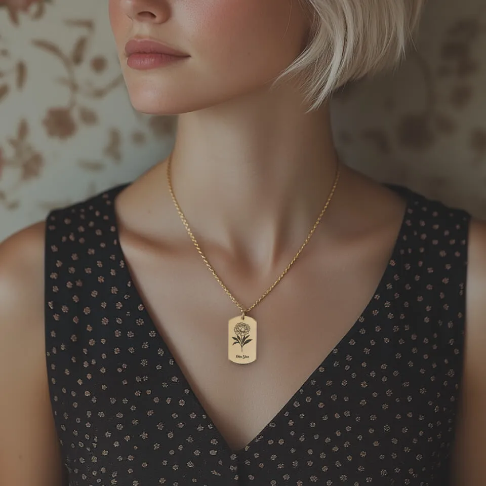 February Birth Flower Tag Pendant on Fine Chain