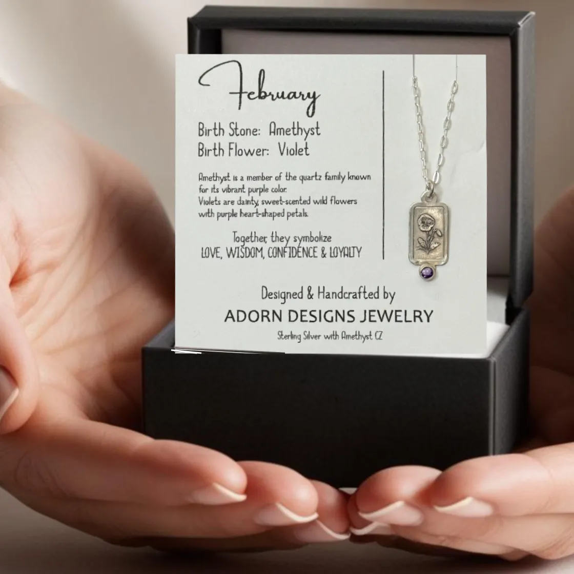 February Birthday Necklace - Sterling Silver with Violet Birth Flower and Amethyst Birthstone CZ