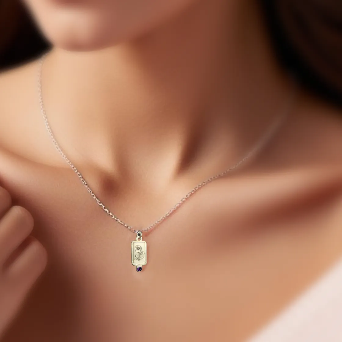 February Birthday Necklace - Sterling Silver with Violet Birth Flower and Amethyst Birthstone CZ