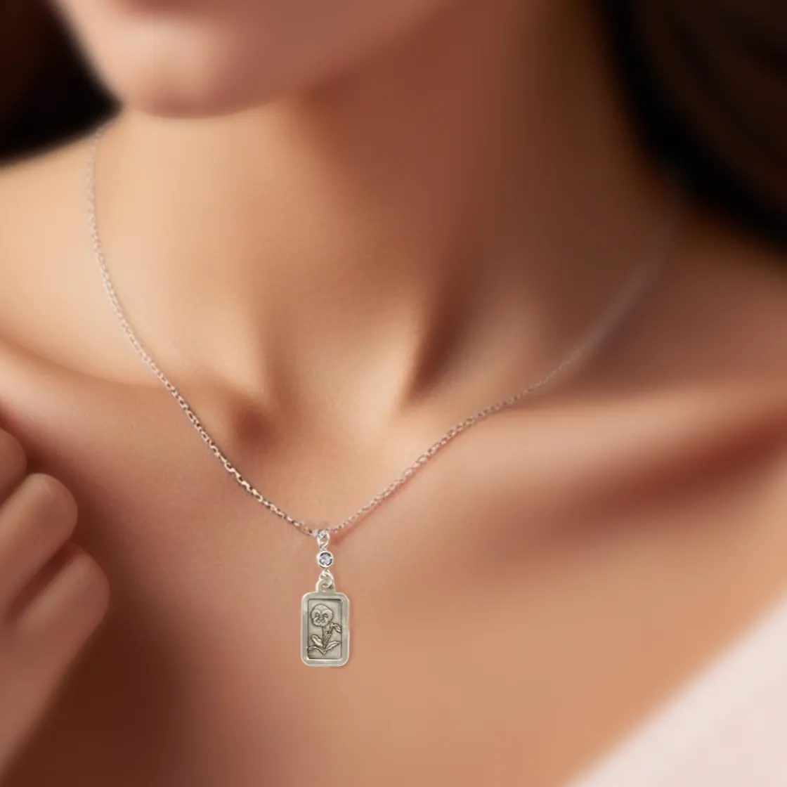 February Birthday - Sterling Silver Necklace with Violet Birth Flower and Amethyst Birthstone CZ