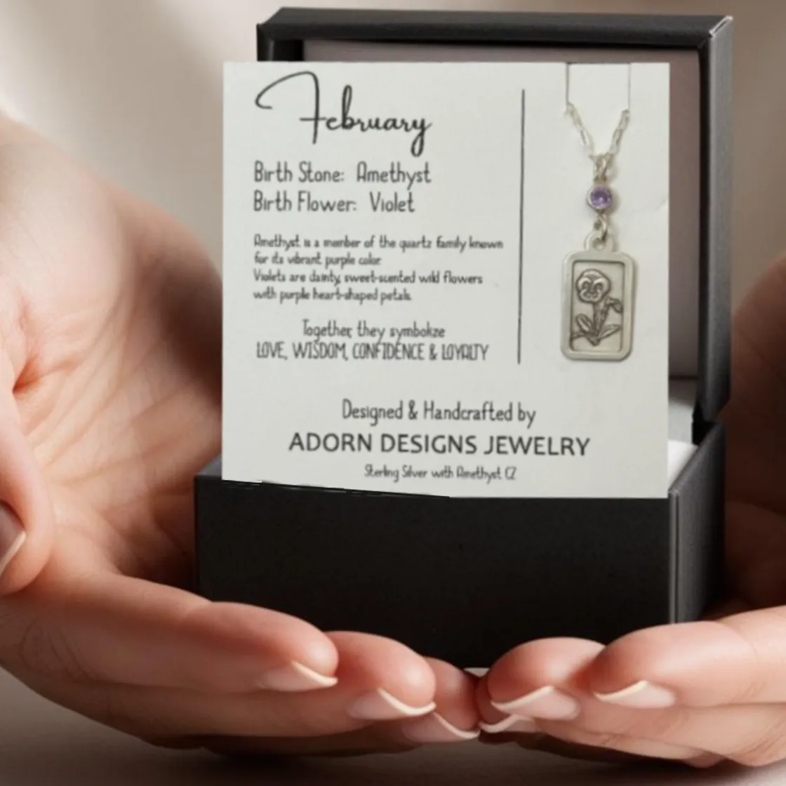 February Birthday - Sterling Silver Necklace with Violet Birth Flower and Amethyst Birthstone CZ