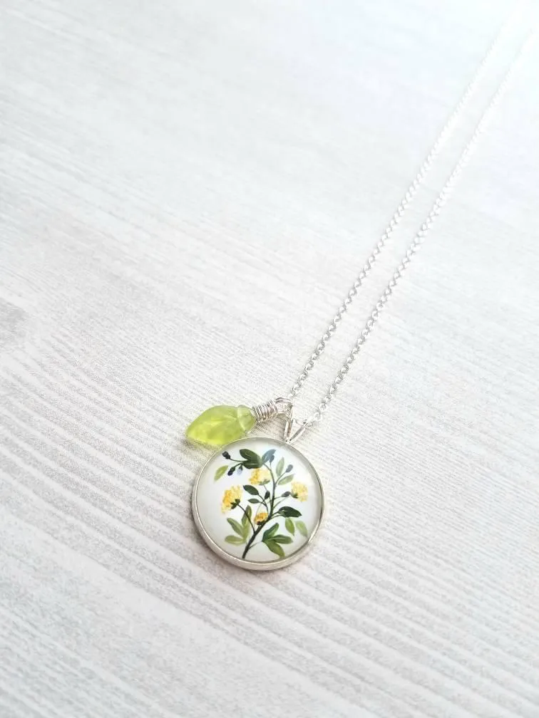 Flower Necklace, yellow flower pendant, floral necklace, plant necklace, light green leaf charm, delicate silver chain, little flowers round
