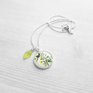Flower Necklace, yellow flower pendant, floral necklace, plant necklace, light green leaf charm, delicate silver chain, little flowers round