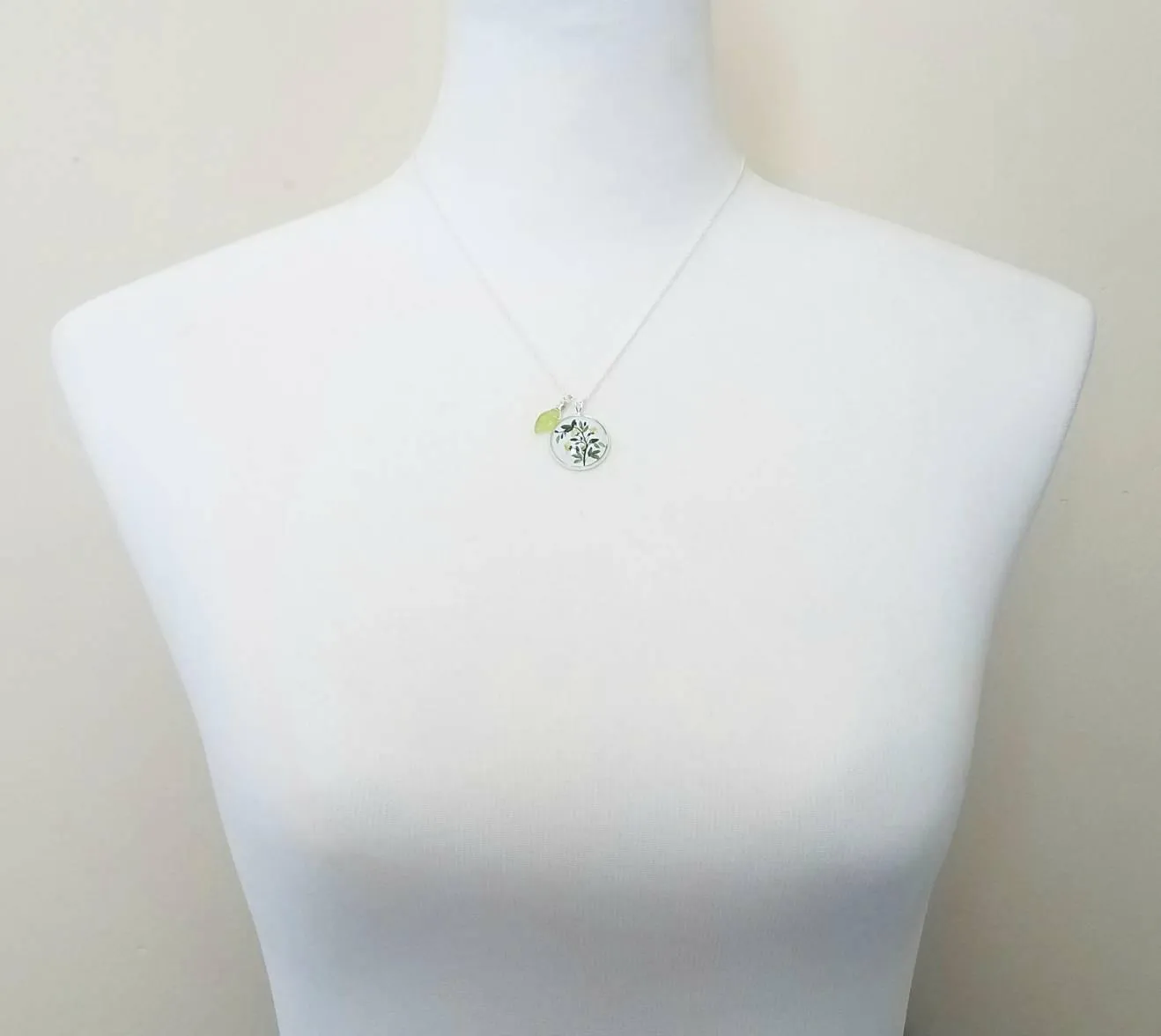 Flower Necklace, yellow flower pendant, floral necklace, plant necklace, light green leaf charm, delicate silver chain, little flowers round