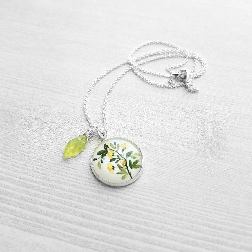 Flower Necklace, yellow flower pendant, floral necklace, plant necklace, light green leaf charm, delicate silver chain, little flowers round