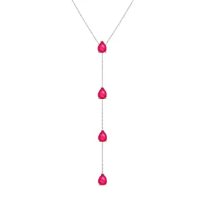 Four Teardrops Lariat Necklace - Silver Fuchsia Matt