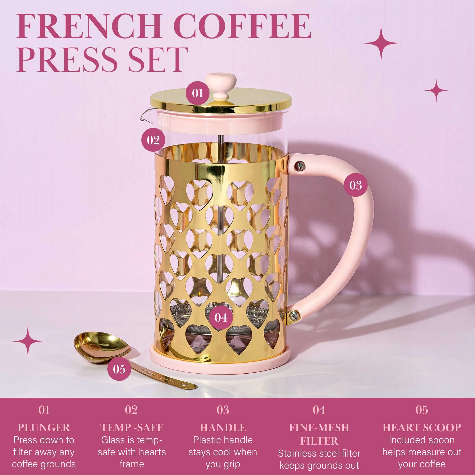 French Press Coffee Maker And Golden Heart Shaped Measuring Scoop Set 34Oz New