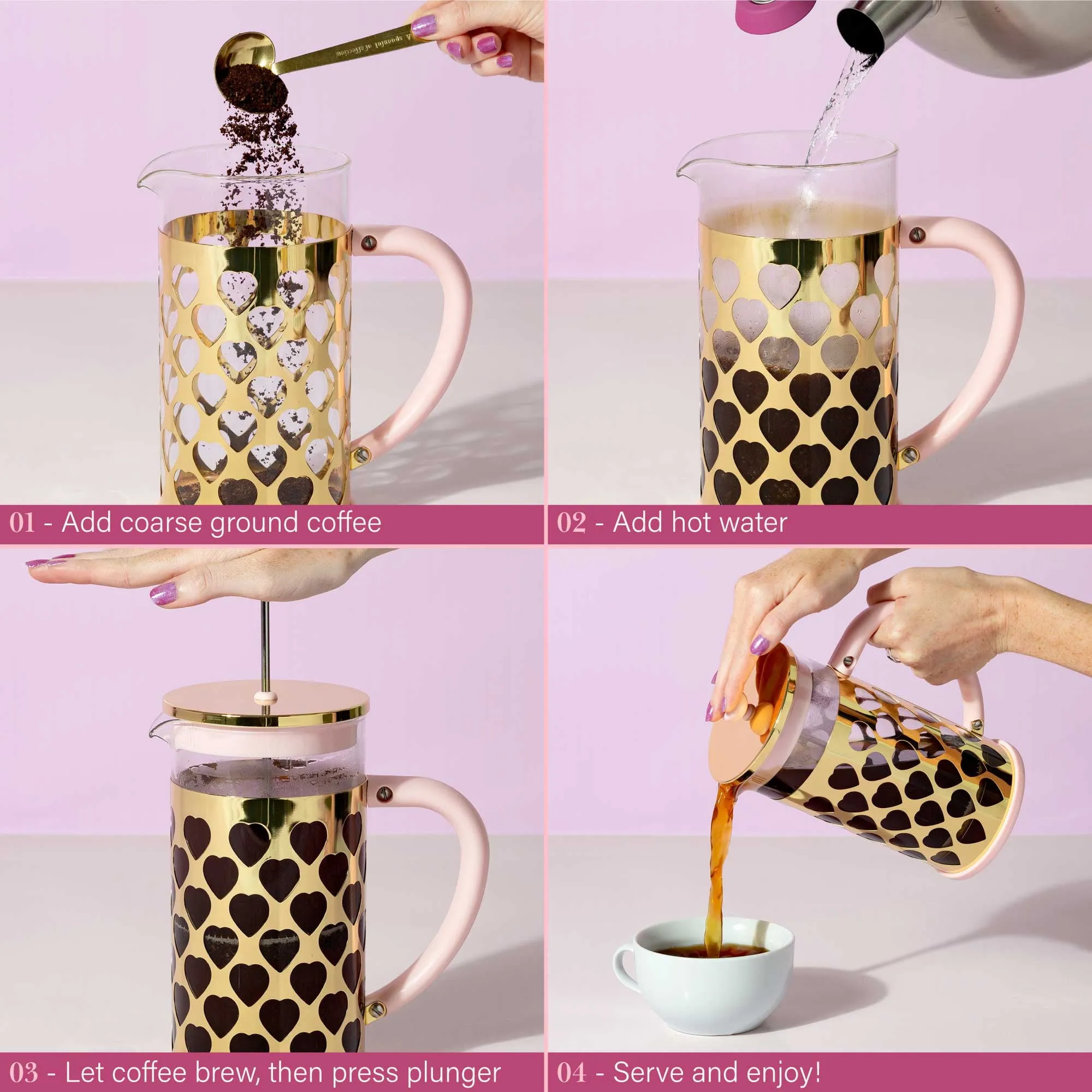 French Press Coffee Maker And Golden Heart Shaped Measuring Scoop Set 34Oz New