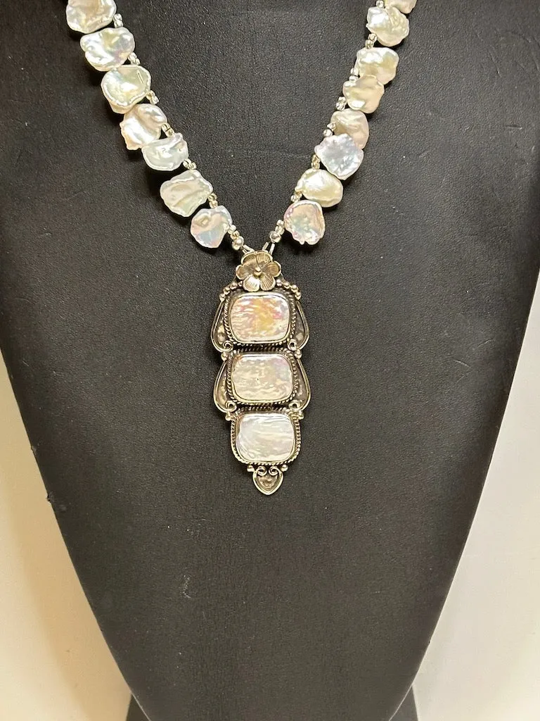 FRESH WATER PEARL NECKLACE WITH THAI SILVER PENDANT STATEMENT NECKLACE  LCN579