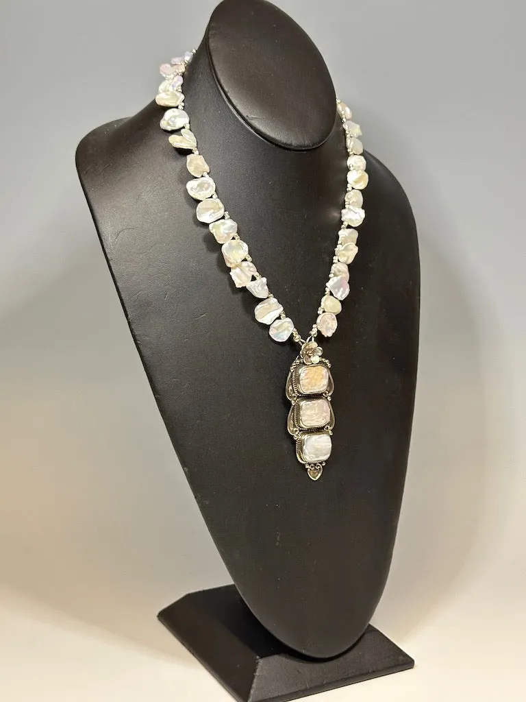 FRESH WATER PEARL NECKLACE WITH THAI SILVER PENDANT STATEMENT NECKLACE  LCN579