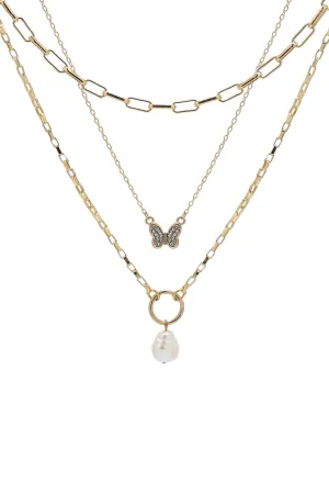 FRESH WATER PEARL W/ BUTTERFLY LAYERED 3 SET CHAIN NECKLACE