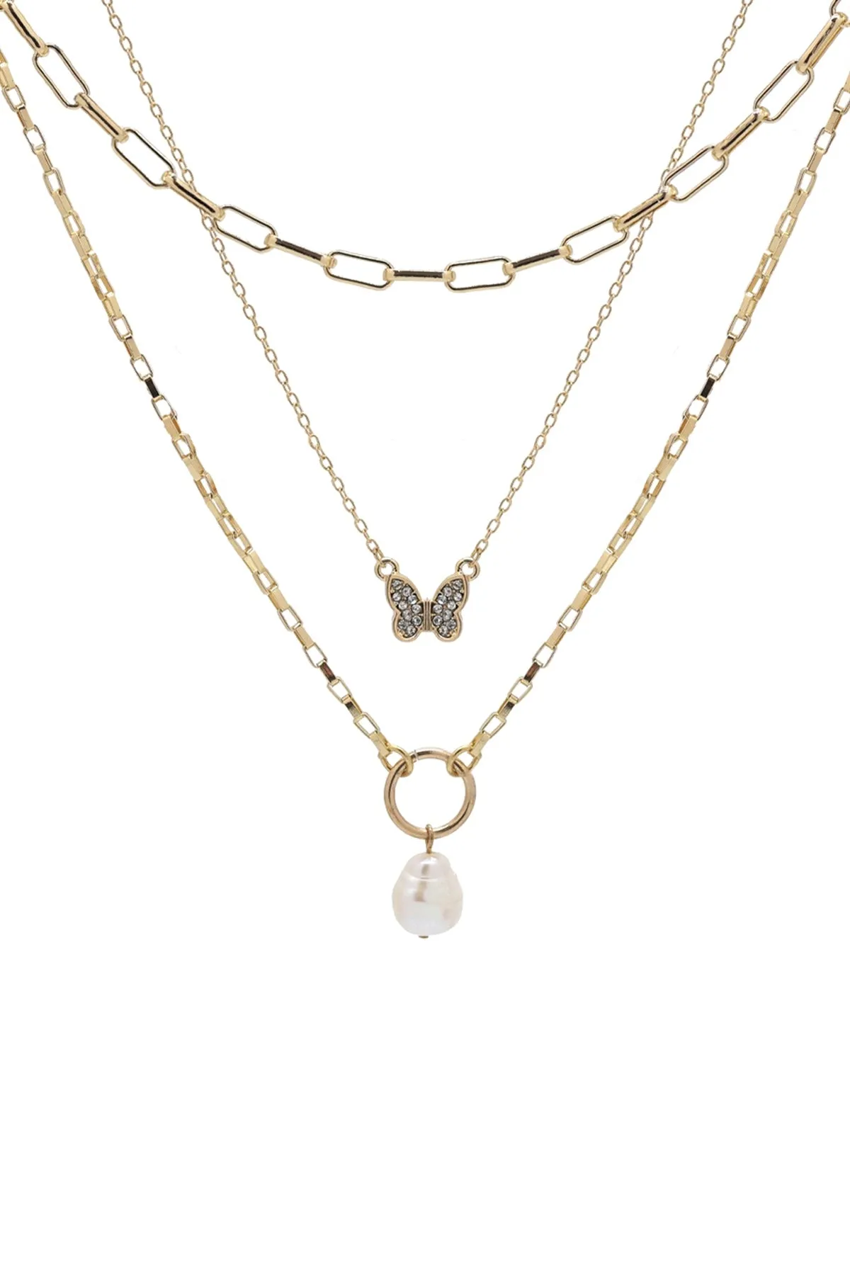 FRESH WATER PEARL W/ BUTTERFLY LAYERED 3 SET CHAIN NECKLACE