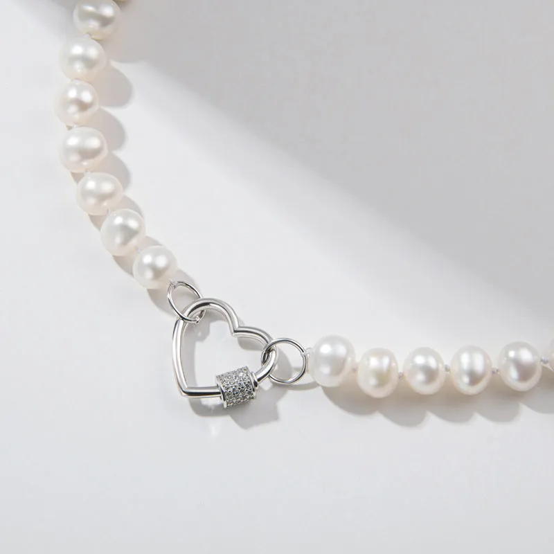Freshwater Cultured White Pearl Necklace Heart Shaped Buckle