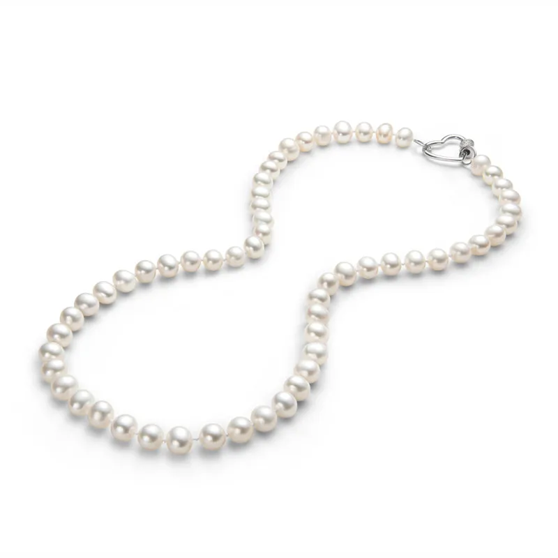 Freshwater Cultured White Pearl Necklace Heart Shaped Buckle
