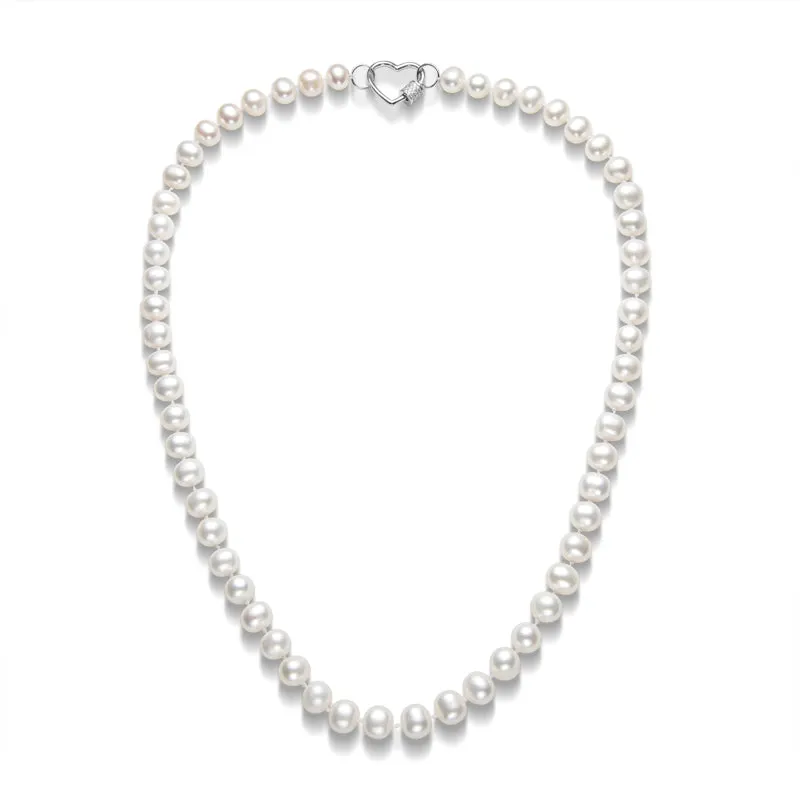 Freshwater Cultured White Pearl Necklace Heart Shaped Buckle