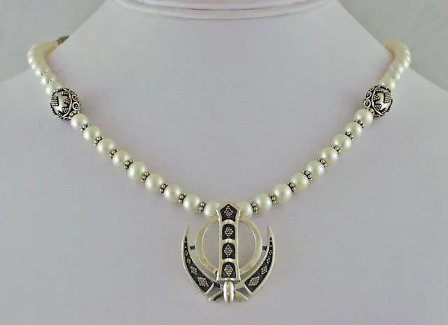 Freshwater pearl, silver Khanda / Adi Shakti Power Necklace