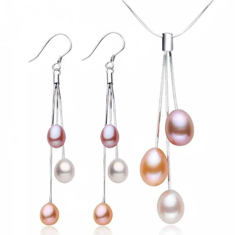 Genuine Freshwater Pearl Y-Necklace, White Pink Purple Natural Pearl Earrings, Natural Pearl Bridal Jewelry