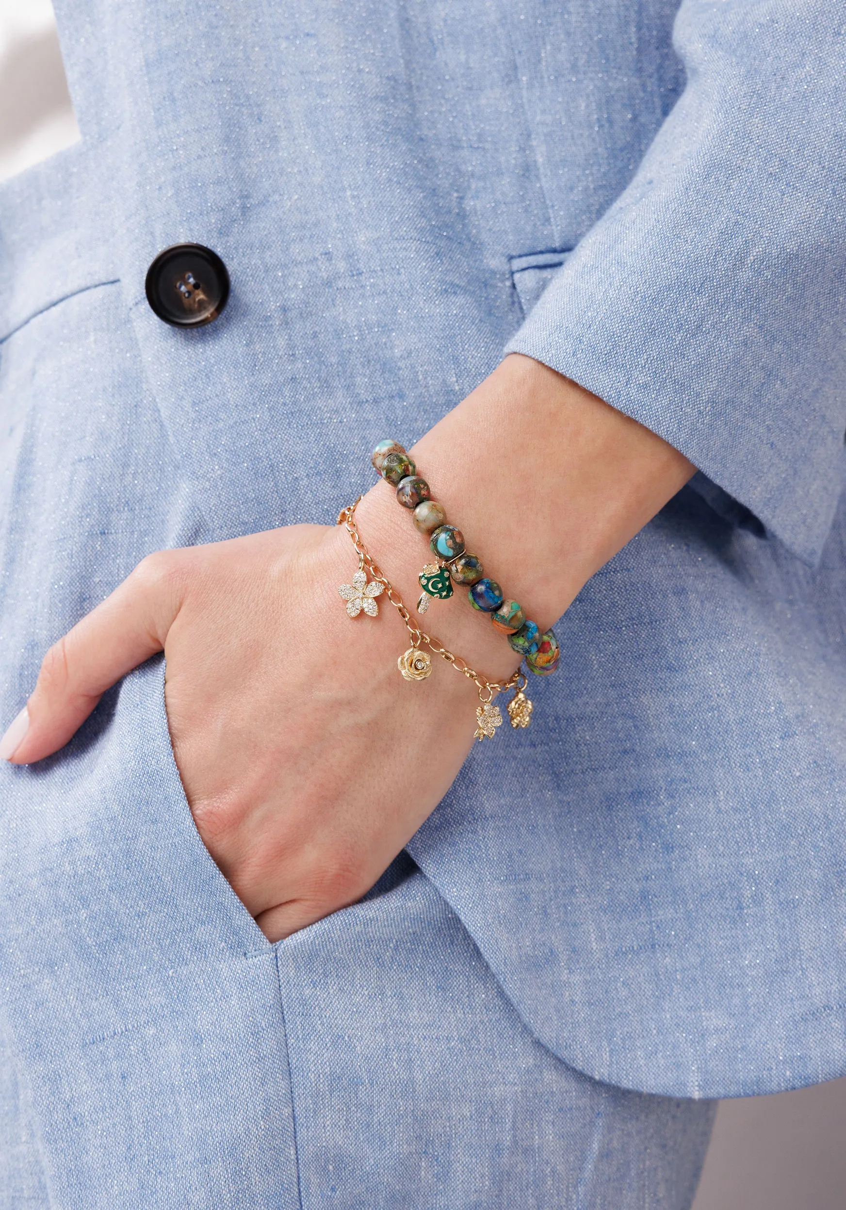 Gold & Diamond Multi-Flower Charm Bracelet