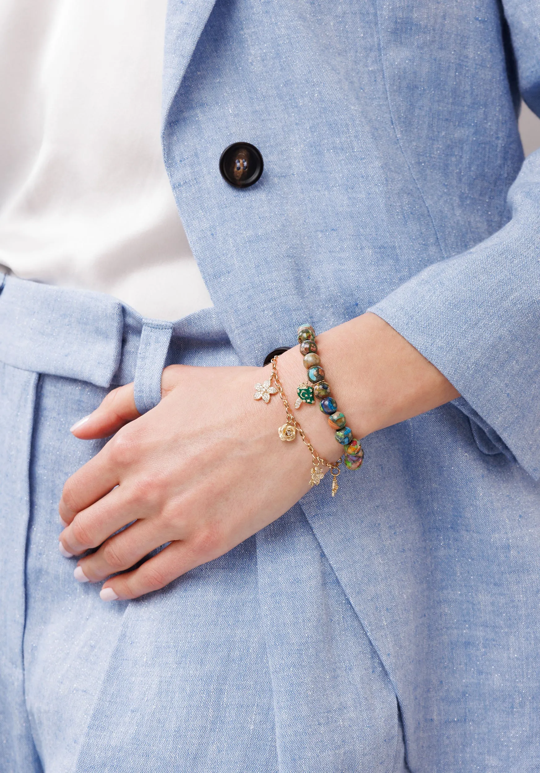 Gold & Diamond Multi-Flower Charm Bracelet