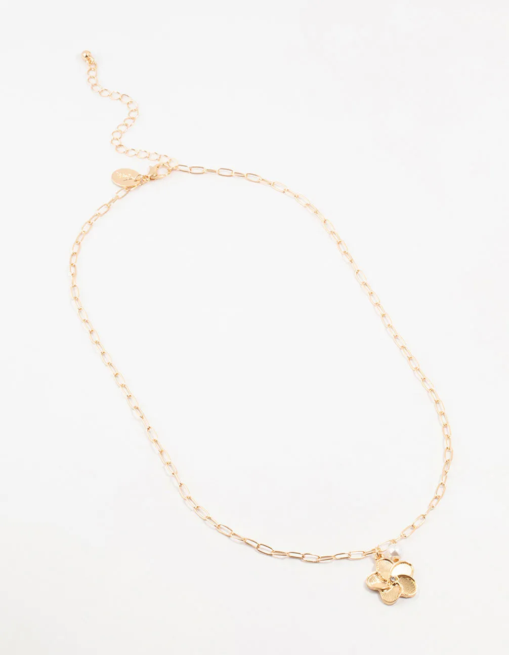 Gold Paperclip Flower Pearl Necklace