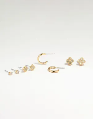 Gold Plated Brass Cubic Zirconia Flower Stud & Huggie Earrings 4-Pack