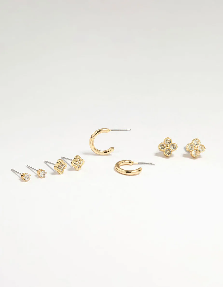 Gold Plated Brass Cubic Zirconia Flower Stud & Huggie Earrings 4-Pack