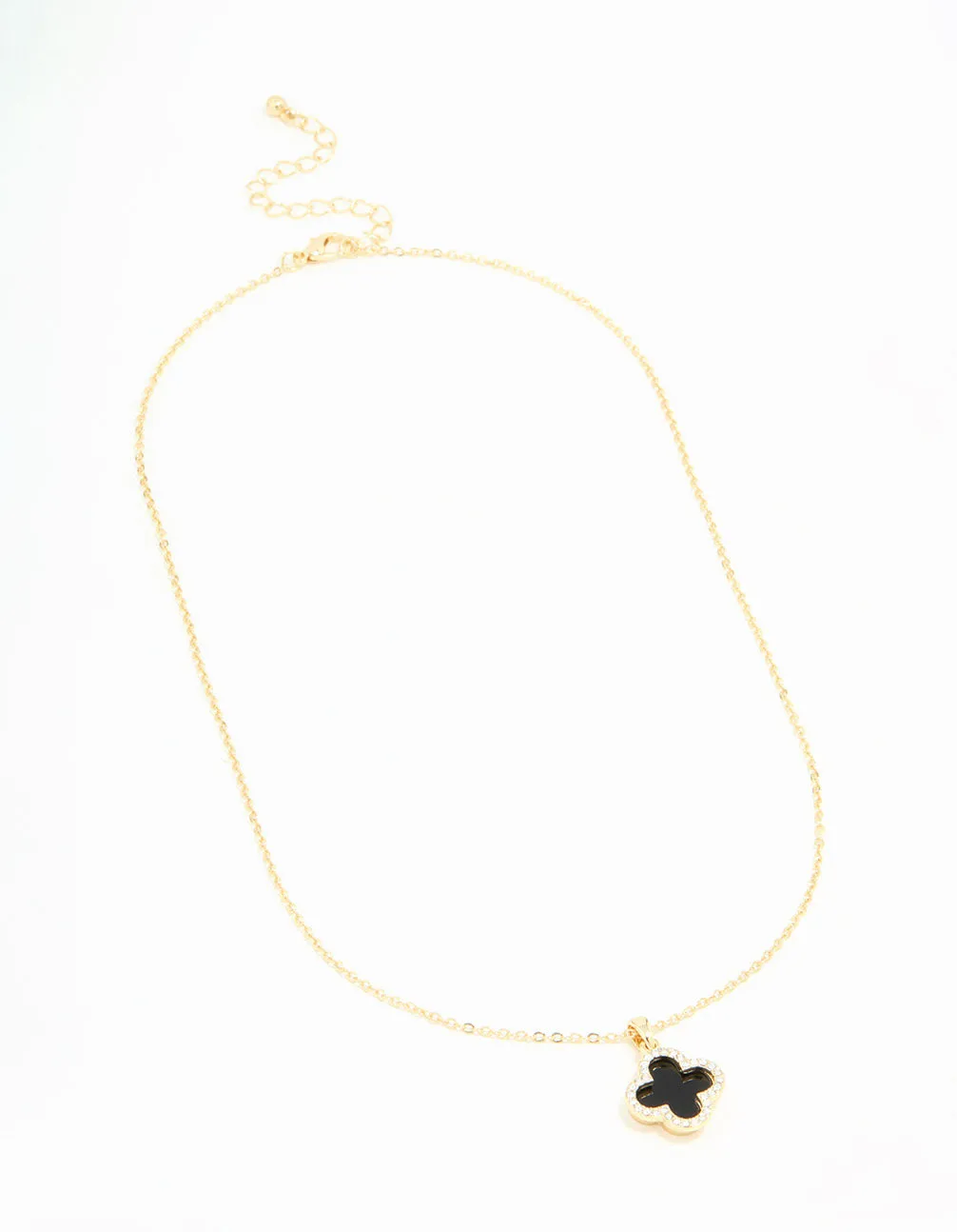 Gold Plated Diamante Outline Black Flower Pendant Necklace
