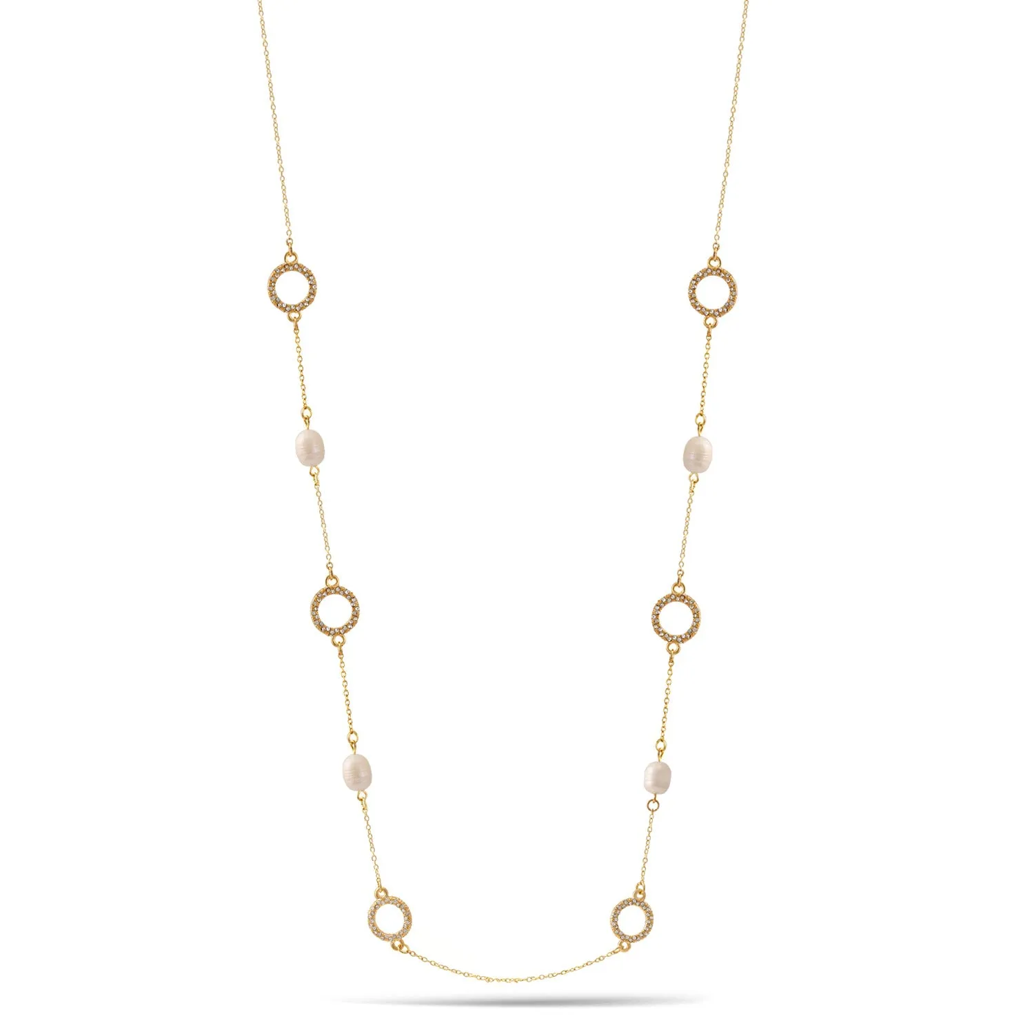GOLD ROUND CRYSTAL CREAM PEARL NECKLACE #SWY-CX01N-GLD (OH25)