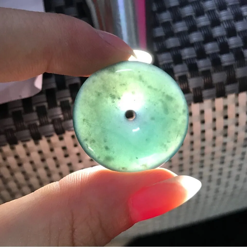 green icy jadeite donut pendant A grade Burma waxy silver rhinestone w chain