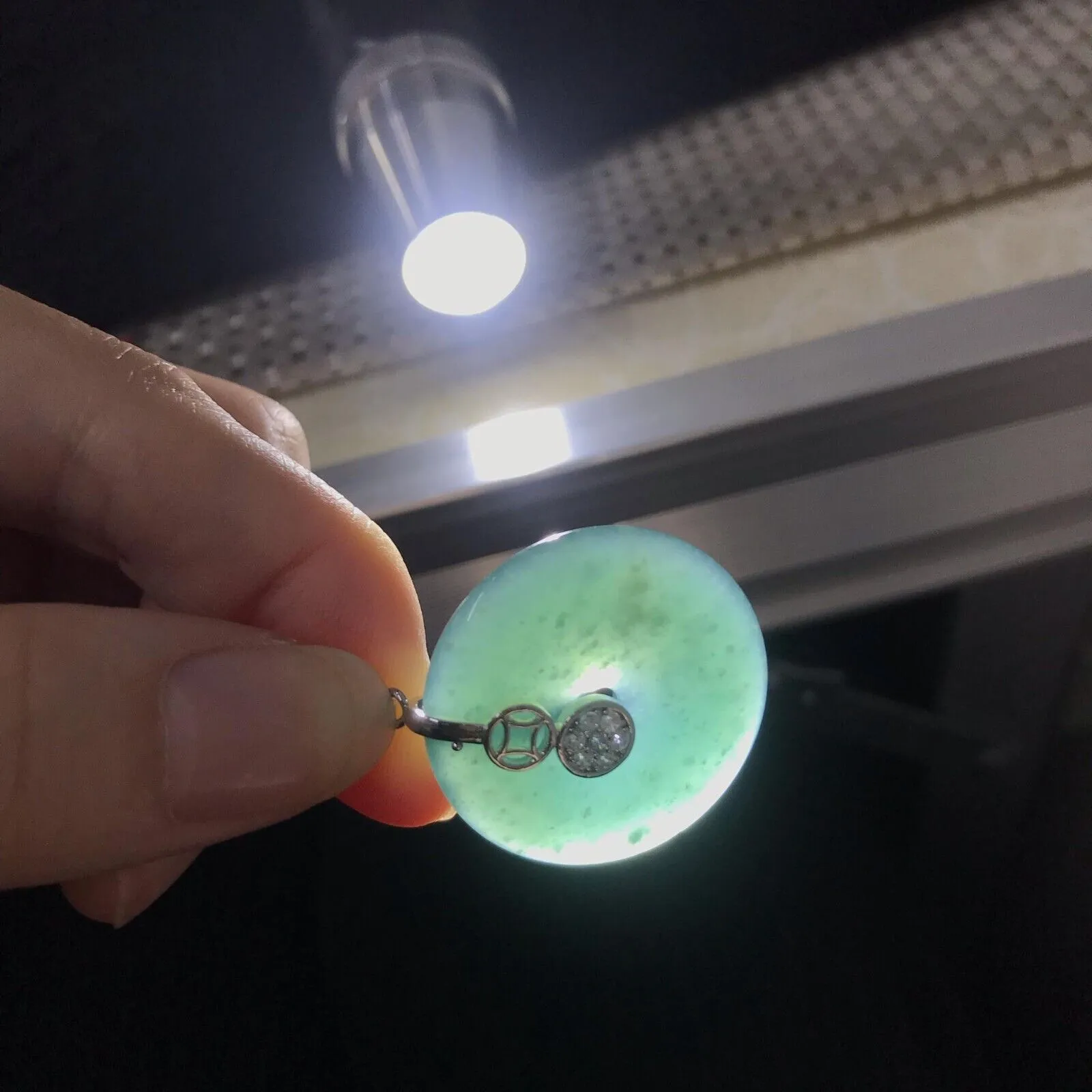 green icy jadeite donut pendant A grade Burma waxy silver rhinestone w chain