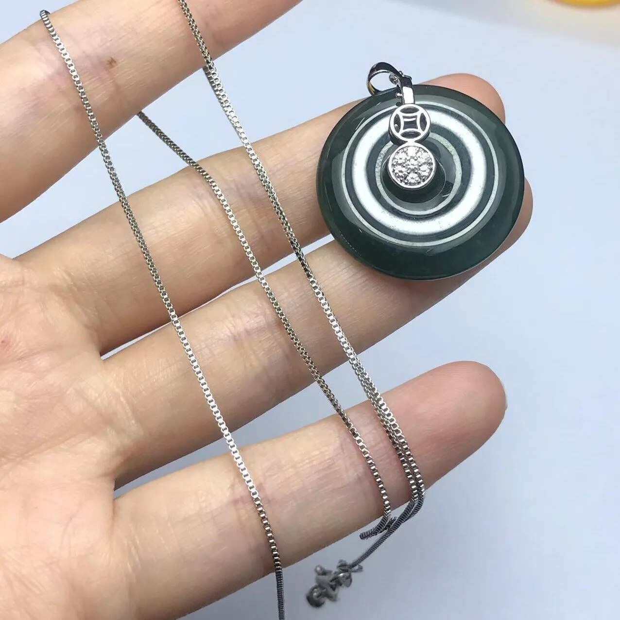 green icy jadeite donut pendant A grade Burma waxy silver rhinestone w chain