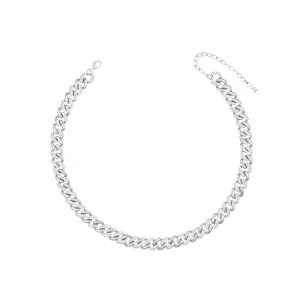 Half Pave Half Plain Cuban Link Chain Choker - Silver White