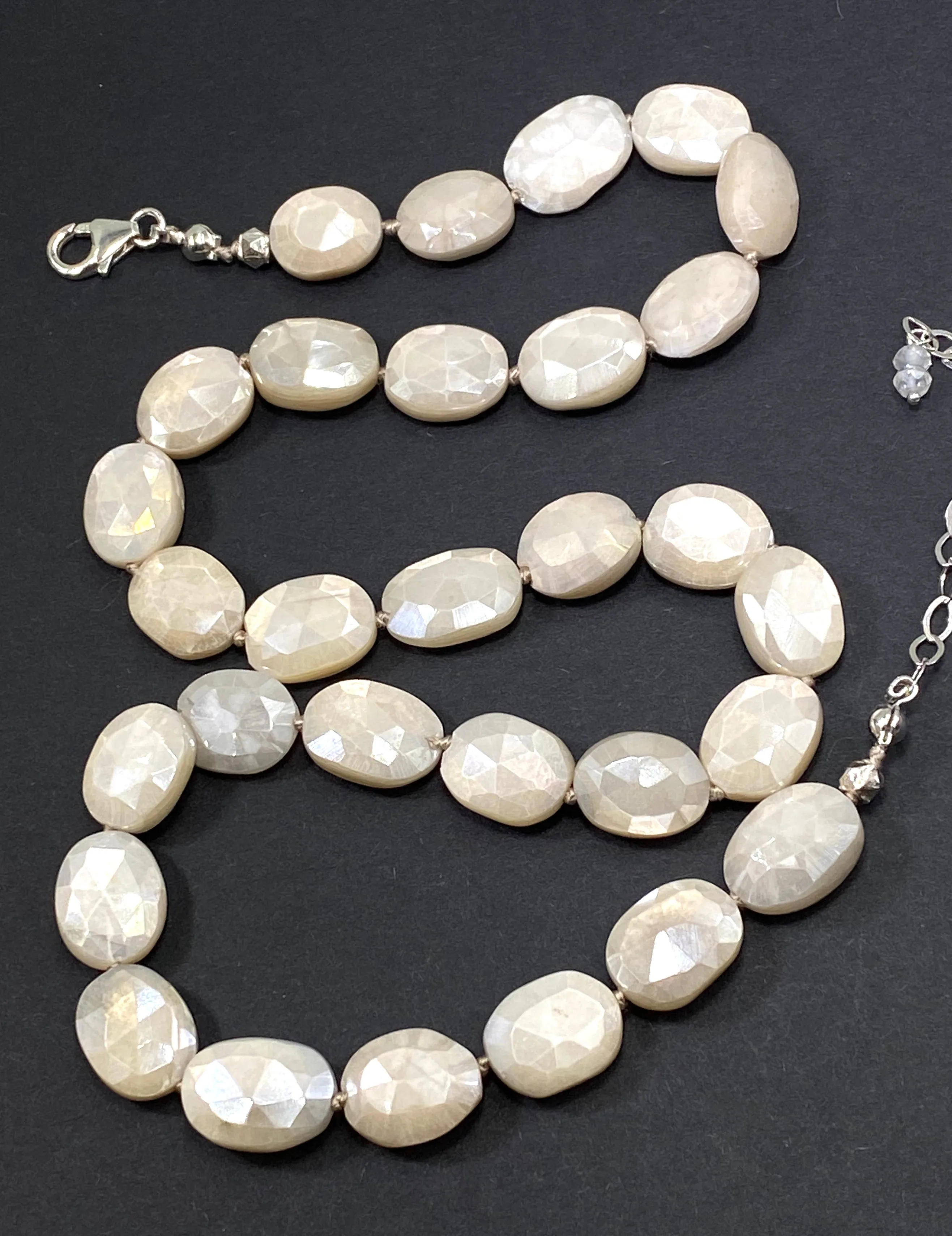 Ivory Mystic Moonstone Necklace Silk Knotted Sterling Silver