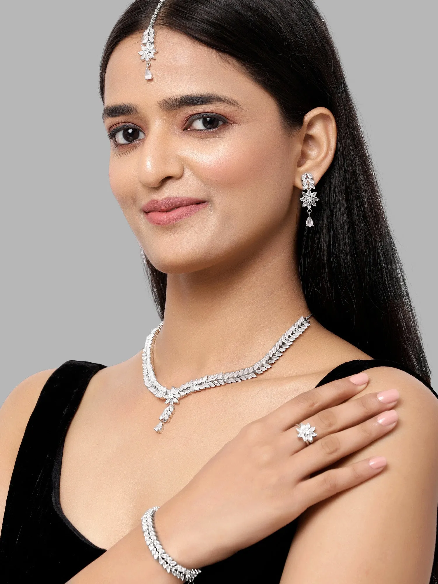 Karatcart Silver Tone White Cubic Zirconia Studded Jewellery Set for Women