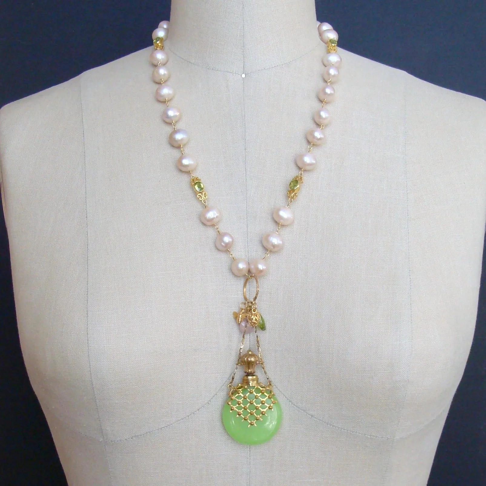 Kiwi Green Opaline Chatelaine Scent Bottle Necklace Pink Baroque Pearls Peridot - Majory Necklace