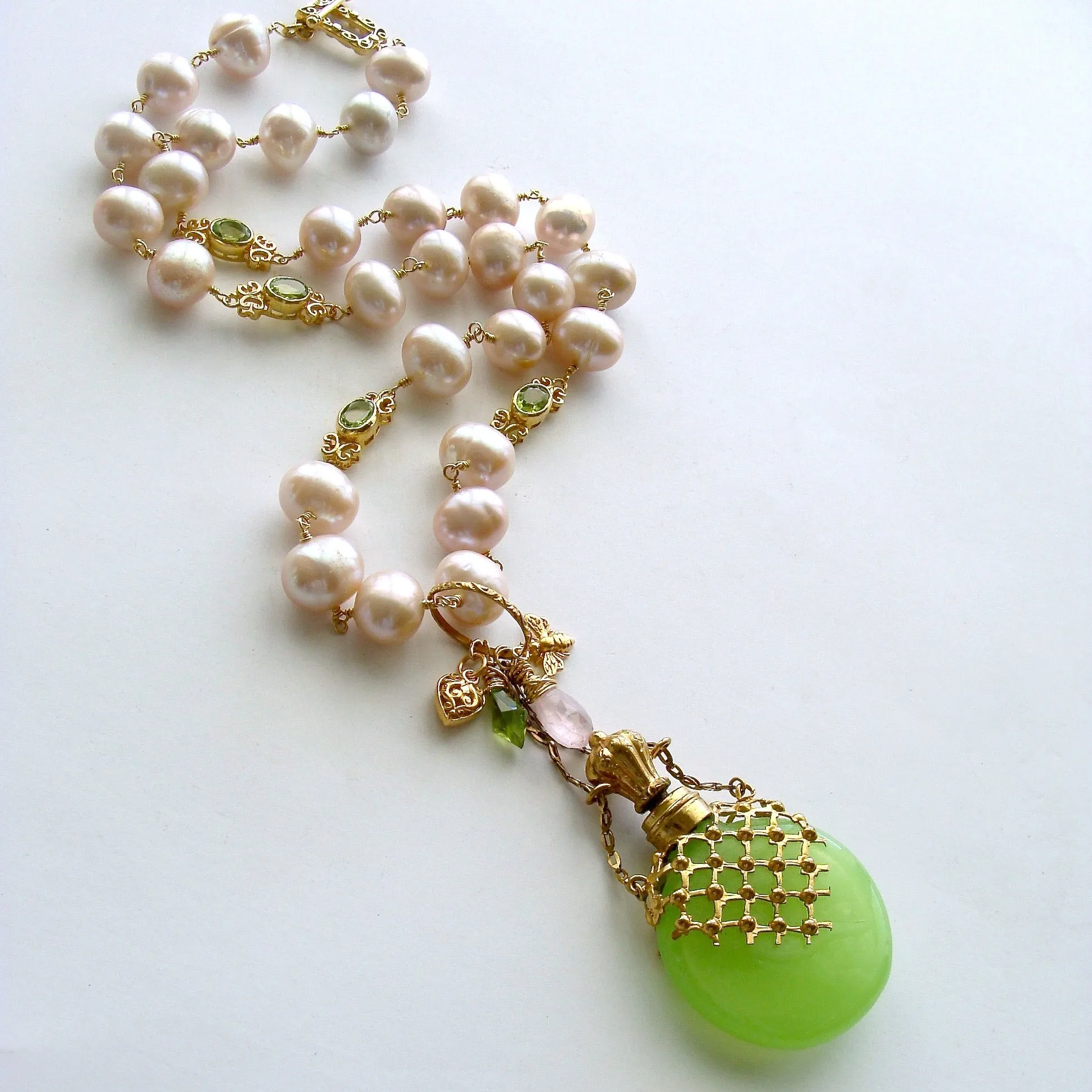 Kiwi Green Opaline Chatelaine Scent Bottle Necklace Pink Baroque Pearls Peridot - Majory Necklace